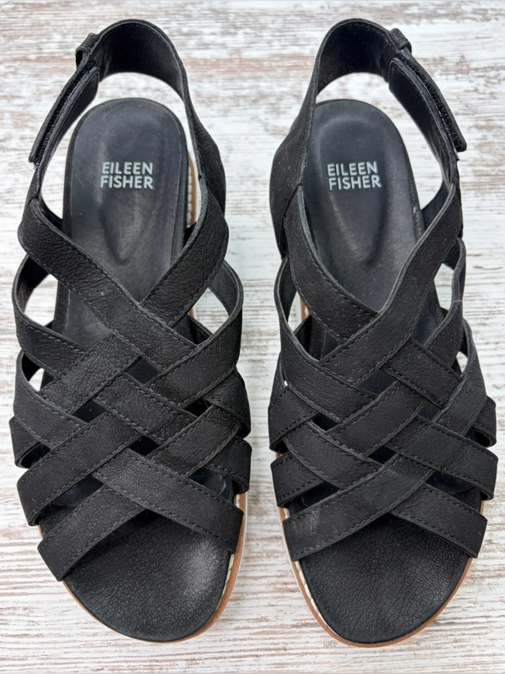 Eileen Fisher Hub Sandal Woven Strappy - Black GUC - sz 6.5